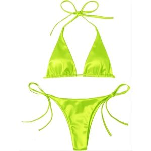 BNWT Isabelle LaRue Neon Yellow/Green Satin String Tie Bikini - Small